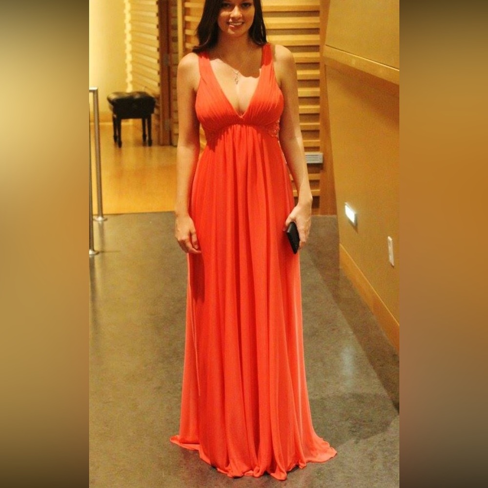 Low V Neck Formal Dress in Pink with Sequin and Embroidered Back